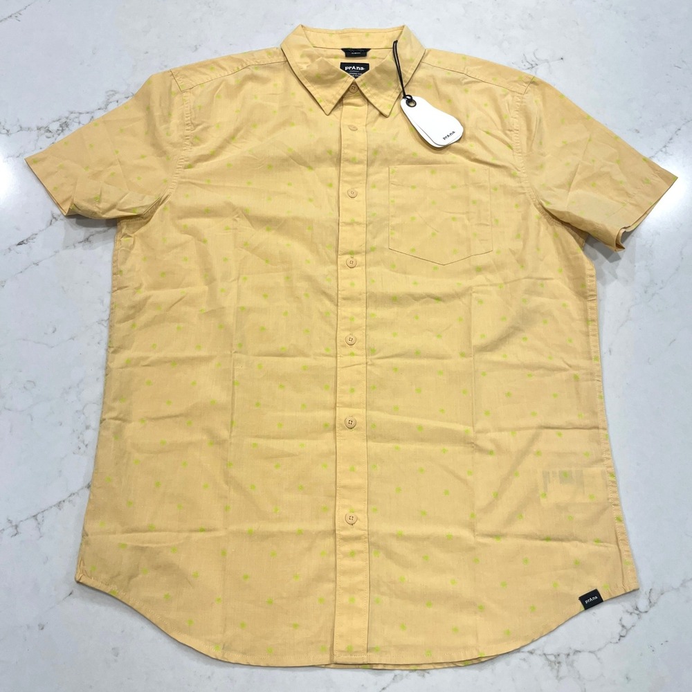 Prana NEW Tinline Slim Fit Shirt M Sun Kissed Yellow Spiral Organic SS Button Up